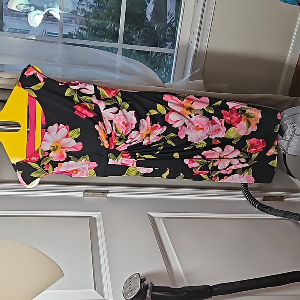 Connected Apparel Black Midi Dress Multi Color Floral Design Pleat Wrap Size 6